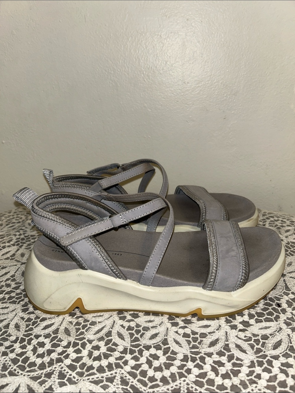 ECCO Chunky Wedge Sandal in Silver Grey Nubuck Leather 1129 EU 38 Size 8